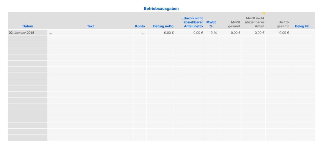 Vorlage Einnahmen-Überschuss-Rechnung 2015 für Mac und iPad Ausgaben Liste