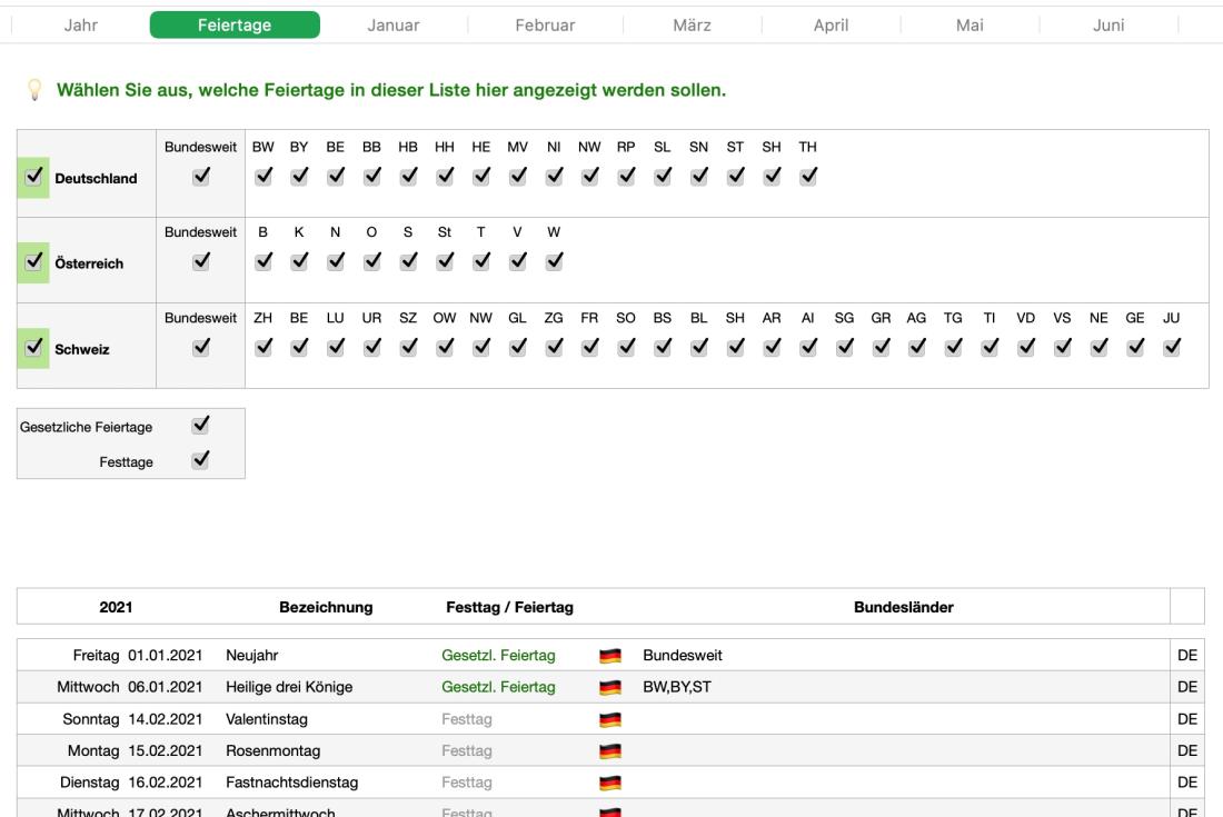 Numbers Vorlage Kalender 2021 Feiertage Festtage Filter Liste