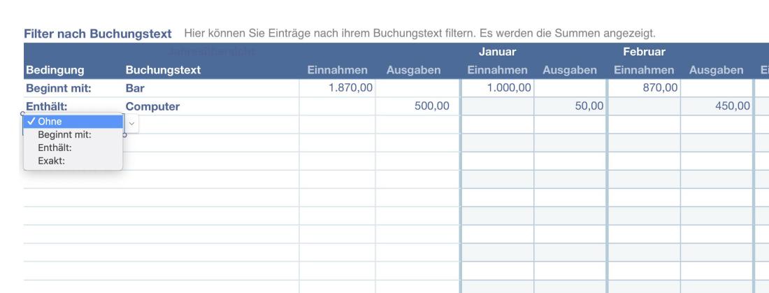 Numbers Vorlage Kassenbuch mit USt Filter Buchungstext