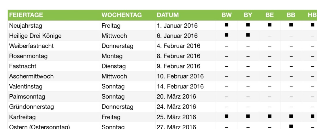 Numbers Vorlage Urlaubsplaner 2016 Tabelle Feiertage