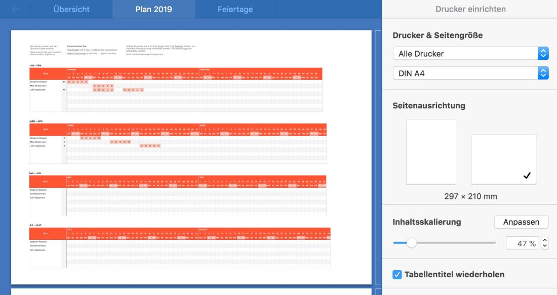 Numbers Vorlage Urlaubsplaner 2019 Druckansicht