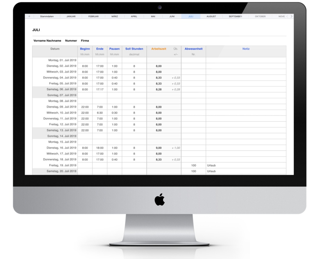 Numbers Vorlage Zeiterfassung Arbeitszeiterfassung für Mac 2019