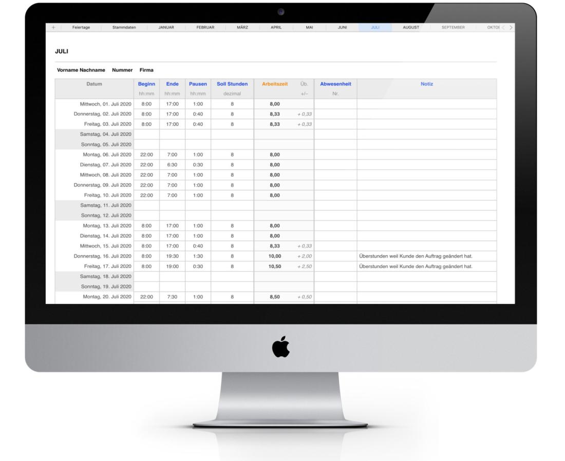 Numbers Vorlage Zeiterfassung Arbeitszeiterfassung für Mac 2020