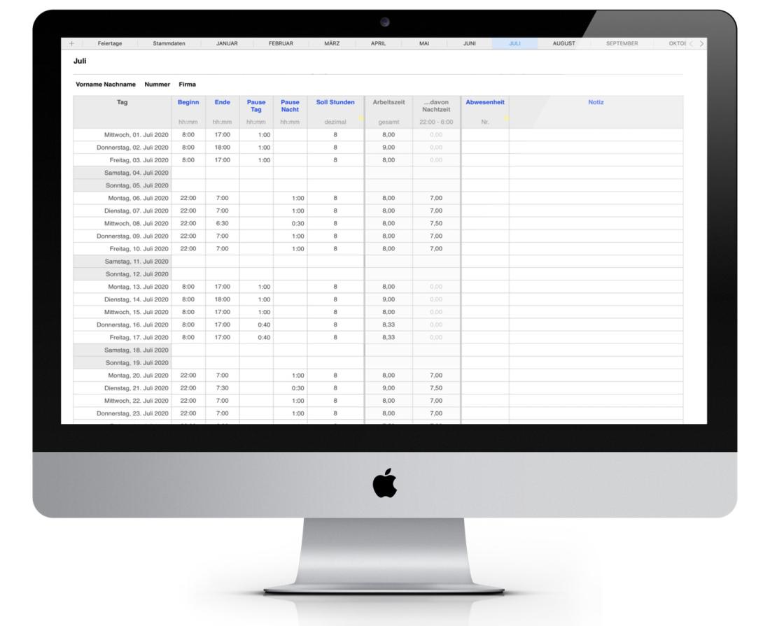 Numbers Vorlage Arbeitszeiterfassung mit Nachtschicht 2020 für Mac