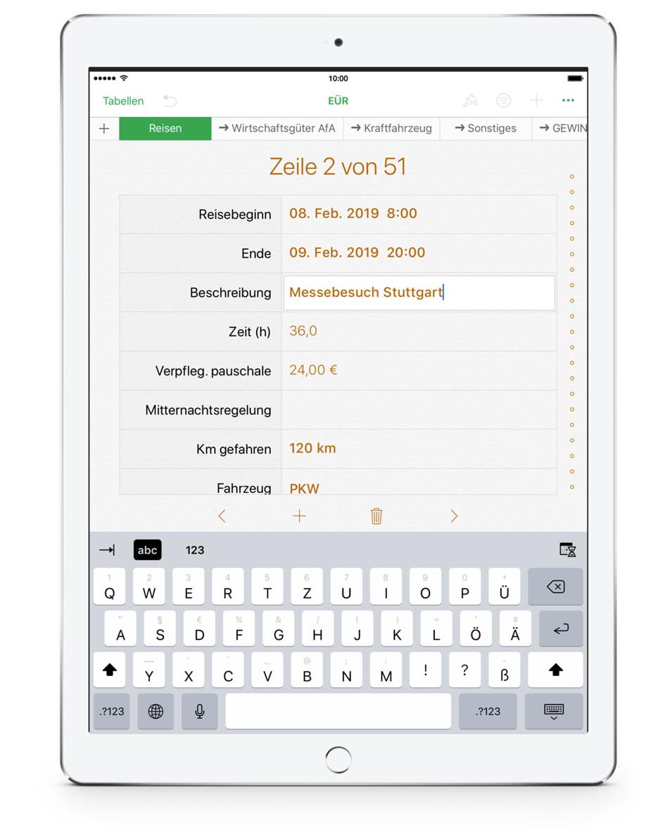 Numbers Vorlage Einnahmen-Überschuss-Rechnung 2019 ohne USt Reisekosten Formular iPad