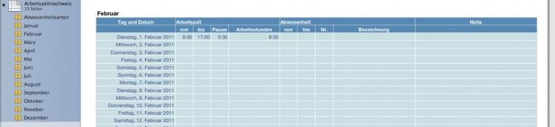 Arbeitszeitnachweis Tabelle Struktur