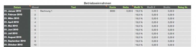 Numbers Vorlage Einnahmen-Überschuss-Rechnung 2010 mit USt Betriebseinnahmen