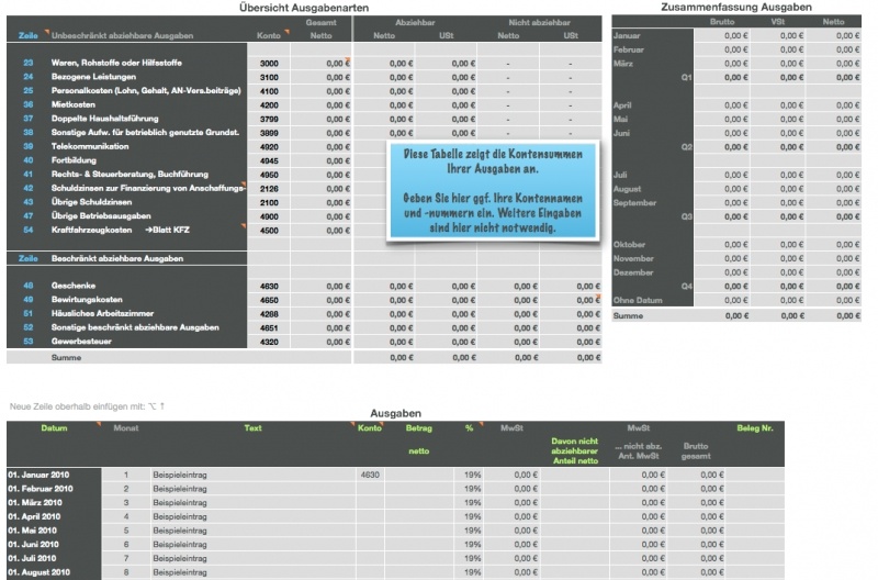 Numbers Vorlage Einnahmen-Überschuss-Rechnung 2010 mit USt Ausgaben