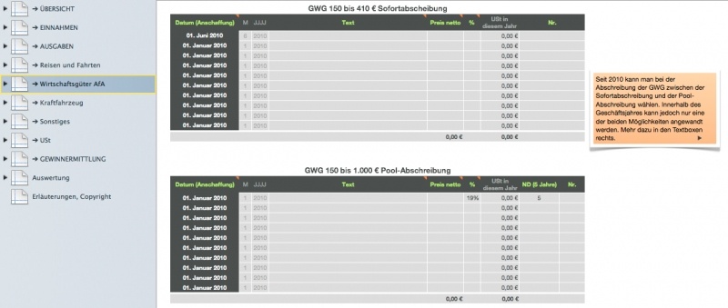 Numbers Vorlage Einnahmen-Überschuss-Rechnung 2010 mit USt AfA