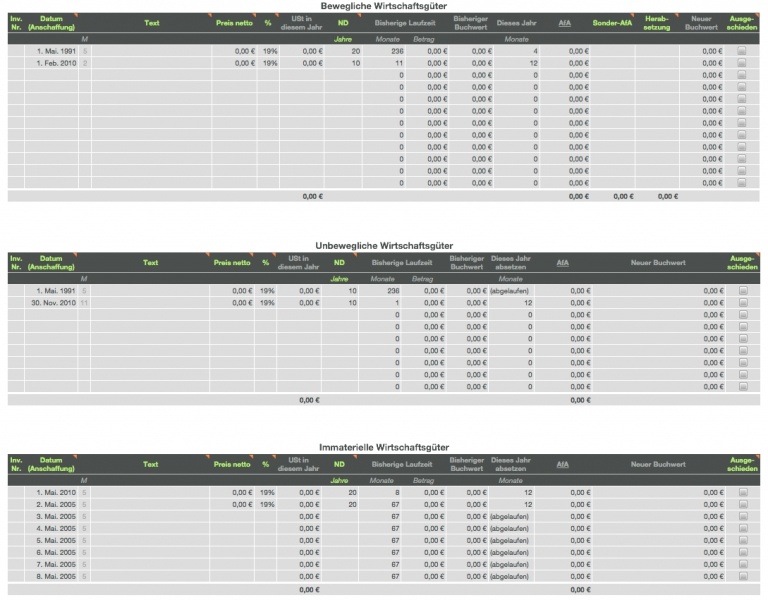 Numbers Vorlage Einnahmen-Überschuss-Rechnung 2010 mit USt bewegliche Wirtschaftsgüter