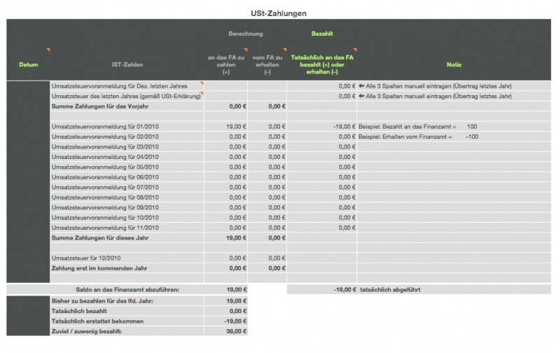 Numbers Vorlage Einnahmen-Überschuss-Rechnung 2010 mit USt UStVorlanmeldung