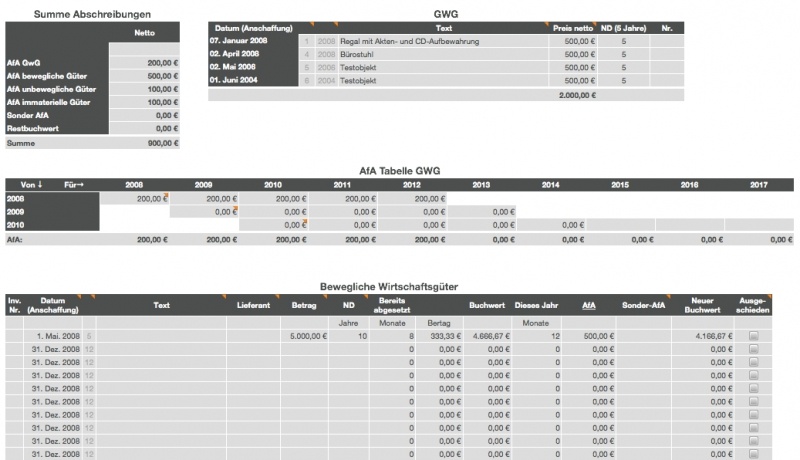 Numbers Vorlage Einnahmen-Überschuss-Rechnung 2009 ohne USt AfA