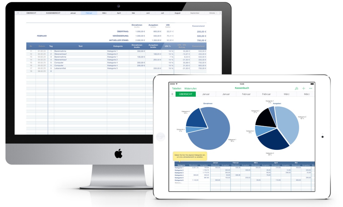 Numbers Vorlage Kassenbuch mit USt 2024 für Mac und iPad