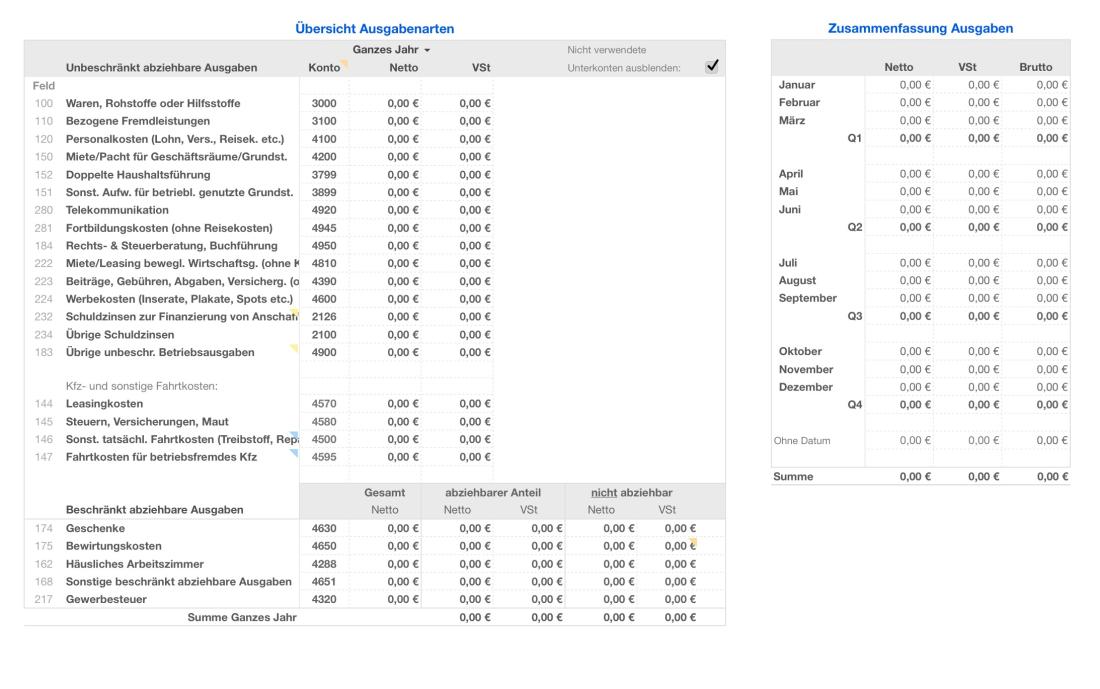 Vorlage Einnahmen-Überschuss-Rechnung 2019 für Mac und iPad Übersicht ausgaben