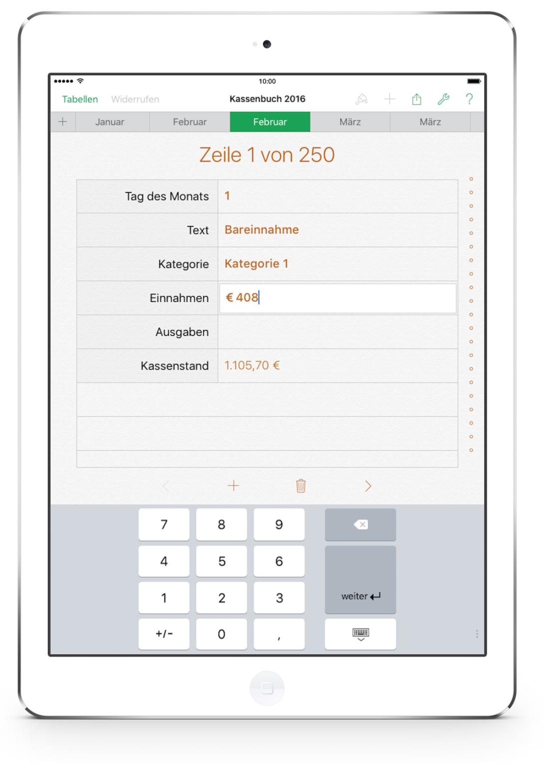 Numbers Vorlage Kassenbuch Formular auf iPad 2016