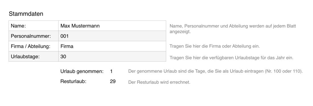 Numbers Vorlage Zeiterfassung Arbeitszeiterfassung Stammdaten 2016