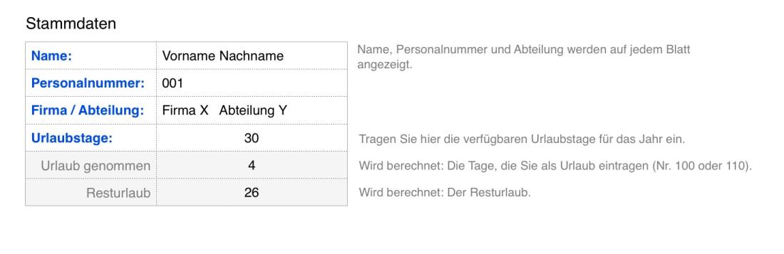 Numbers Vorlage Zeiterfassung Arbeitszeiterfassung Stammdaten 2017