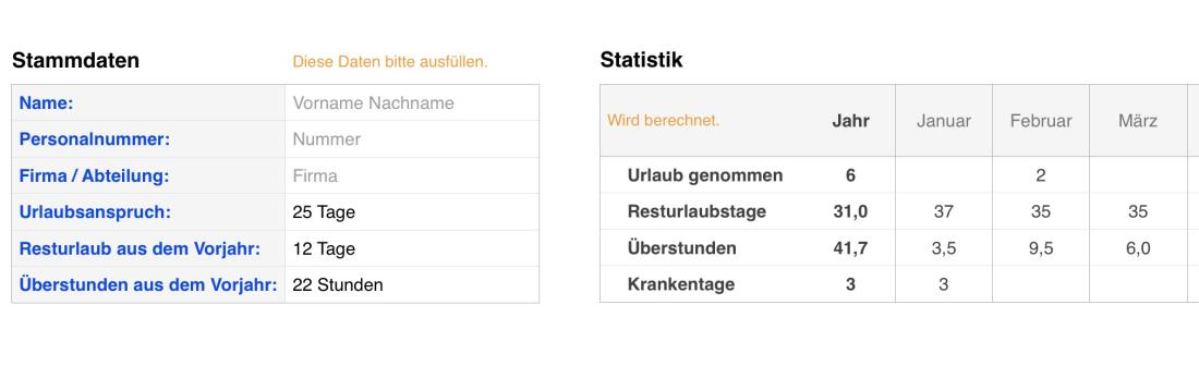 Numbers Vorlage Zeiterfassung Arbeitszeiterfassung Stammdaten 2020