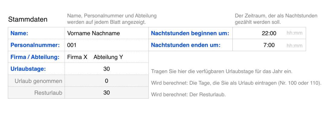 Numbers Vorlage Arbeitszeiterfassung mit Nachtschicht 2017 Stammdateneingabe