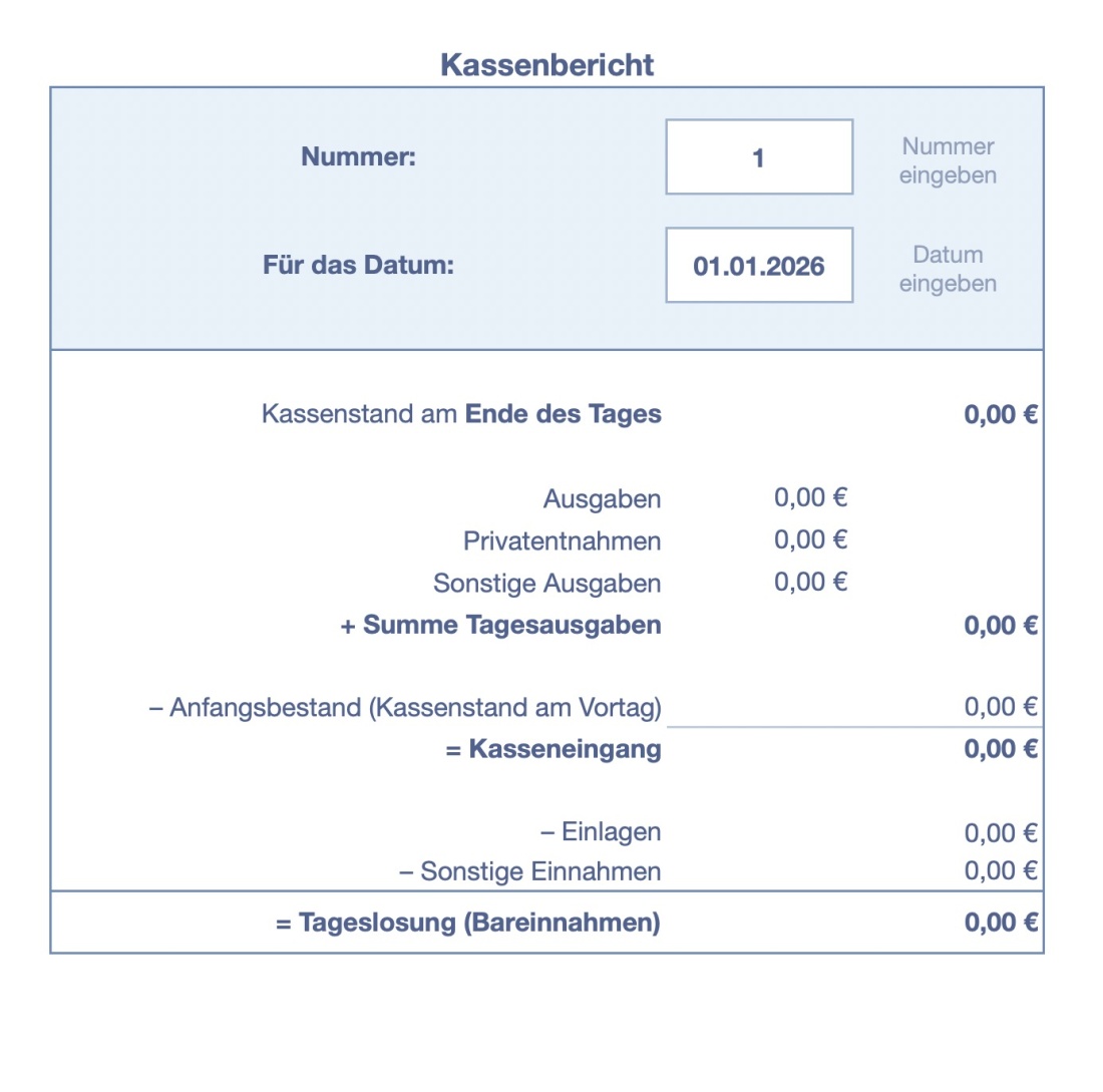 Numbers Vorlage Kassenbuch ohne USt 2026 Kassenbericht erstellen