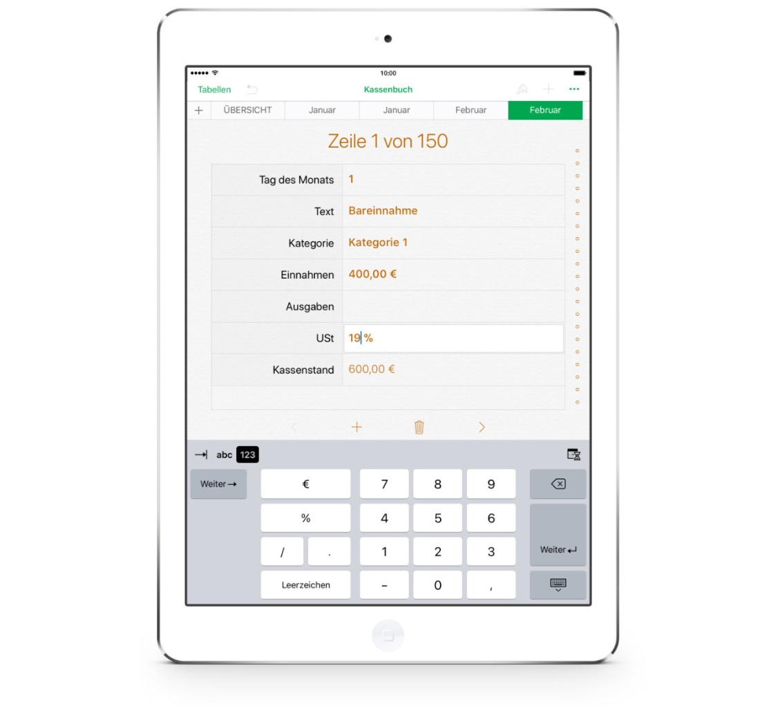 Numbers Vorlage Kassenbuch mit USt 2023 iPad Eingabeformular