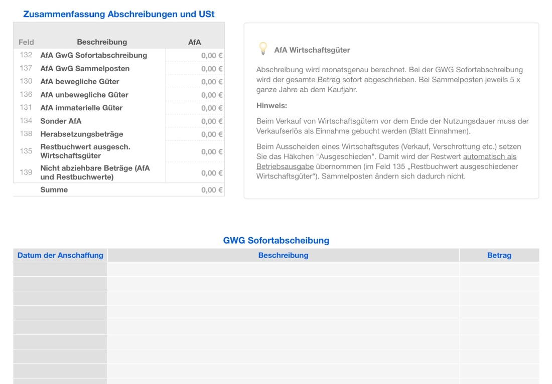 Numbers Vorlage Einnahmen-Überschuss-Rechnung 2024 ohne USt Abschreibungen AfA