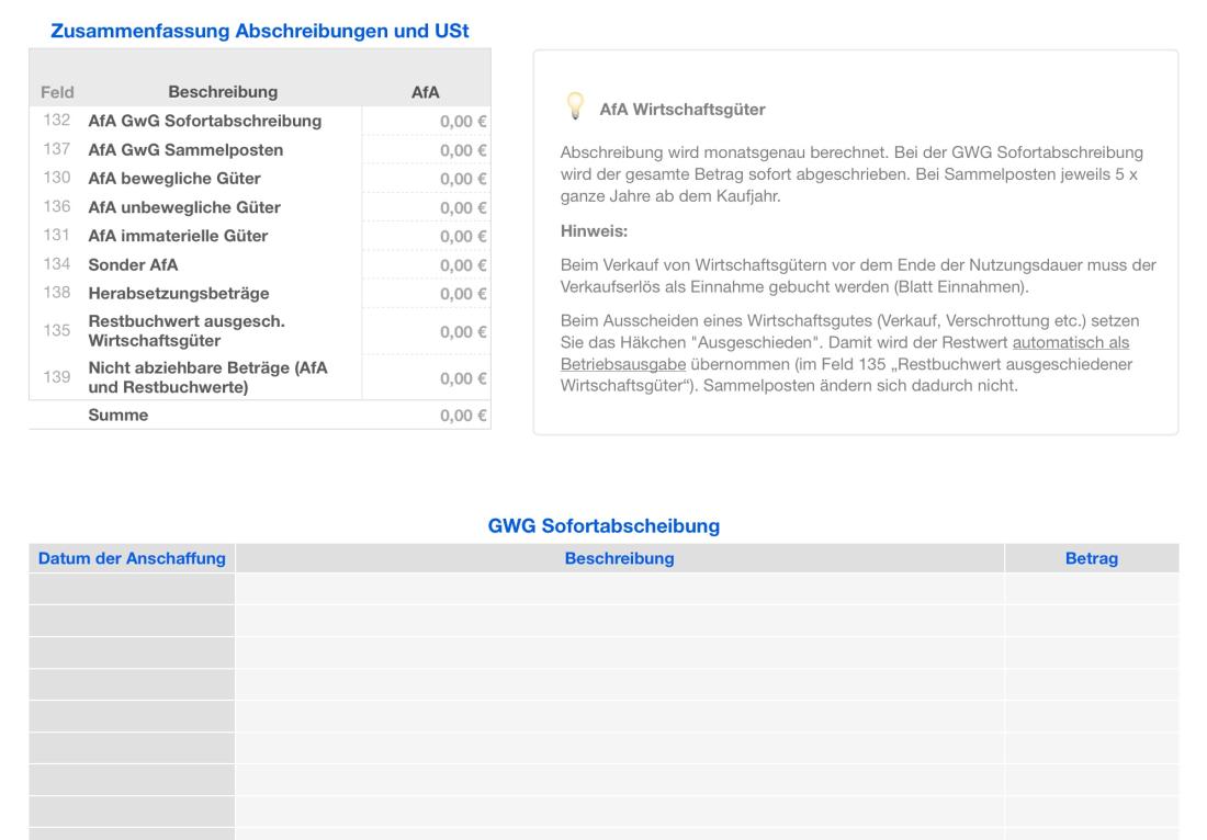 Numbers Vorlage Einnahmen-Überschuss-Rechnung 2019 ohne USt AfA