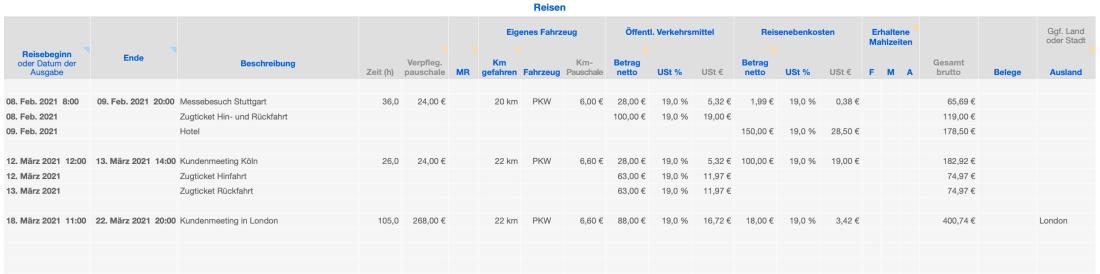 Einnahmen-Überschuss-Rechnung 2021 mit USt Reisekosten Eingabe