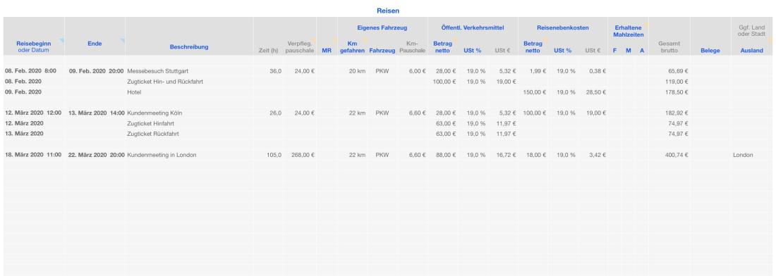 Vorlage Einnahmen-Überschuss-Rechnung 2020 für Mac und iPad Reisekosten