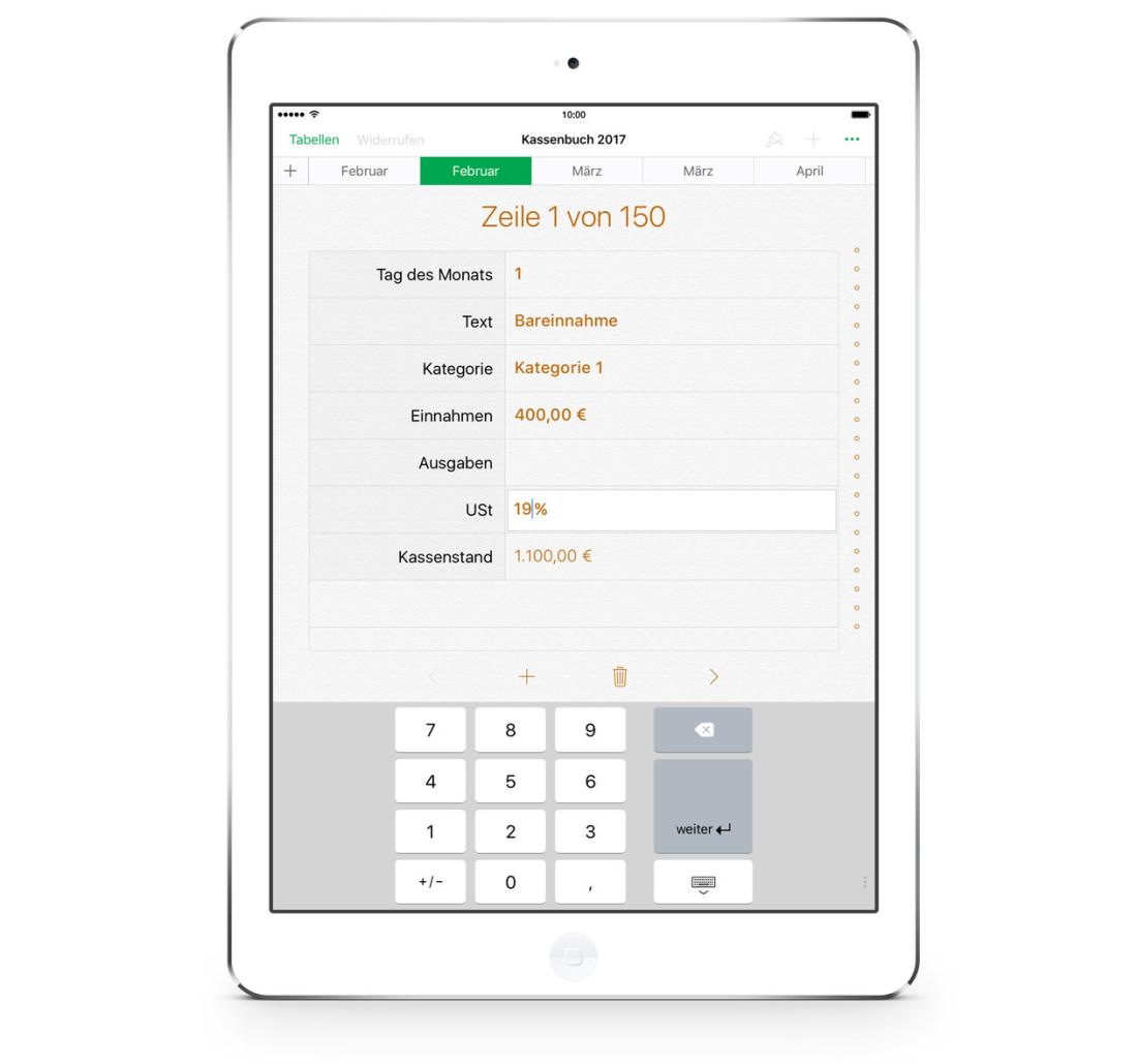 Numbers Vorlage Kassenbuch mit USt Formular auf iPad 2017