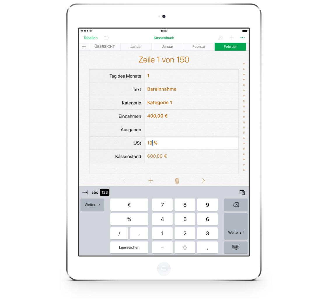 Numbers Vorlage Kassenbuch mit USt Formular auf iPad 2019
