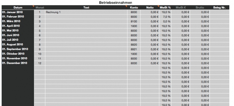 Numbers Vorlage Einnahmen-Überschuss-Rechnung 2010 ohne USt Betriebseinnahmen