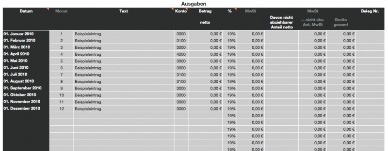 Numbers Vorlage Einnahmen-Überschuss-Rechnung 2010 ohne USt Ausgaben