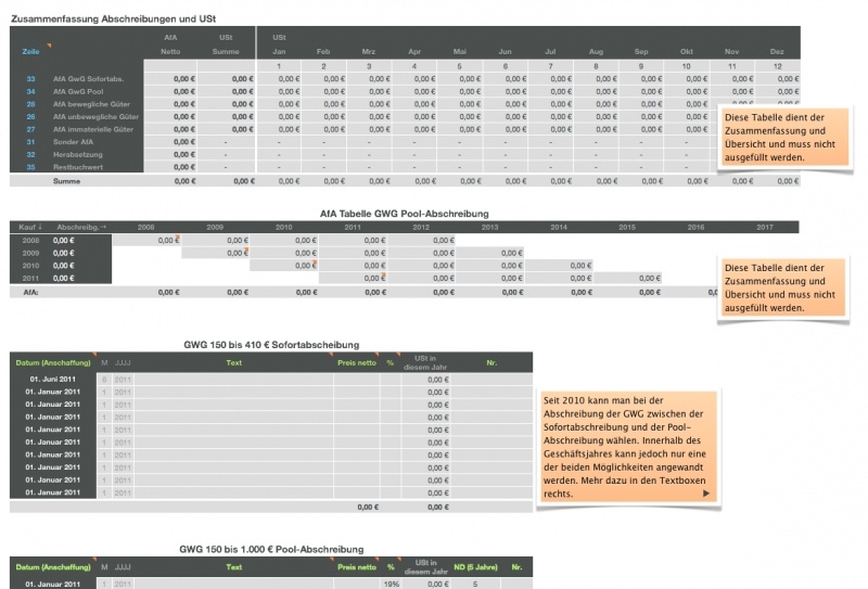 Numbers Vorlage Einnahmen-Überschuss-Rechnung 2011 mit USt AfA