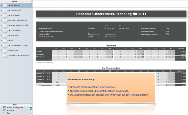 Numbers Vorlage Einnahmen-Überschuss-Rechnung 2011 mit USt Dokument Struktur