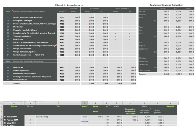 Numbers Vorlage Einnahmen-Überschuss-Rechnung 2011 mit USt Ausgaben