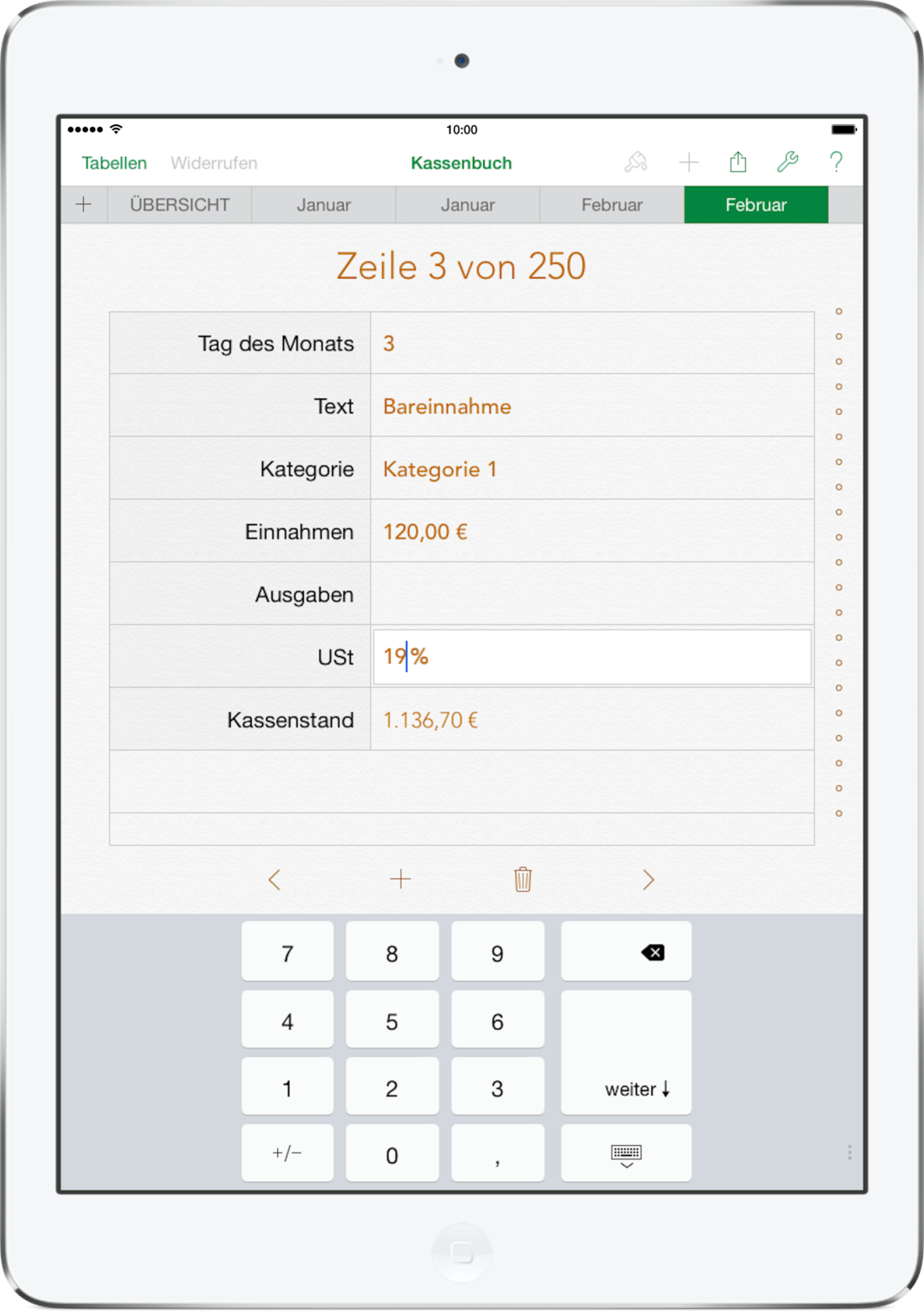 Numbers Vorlage Kassenbuch mit USt Formular auf iPad 2016