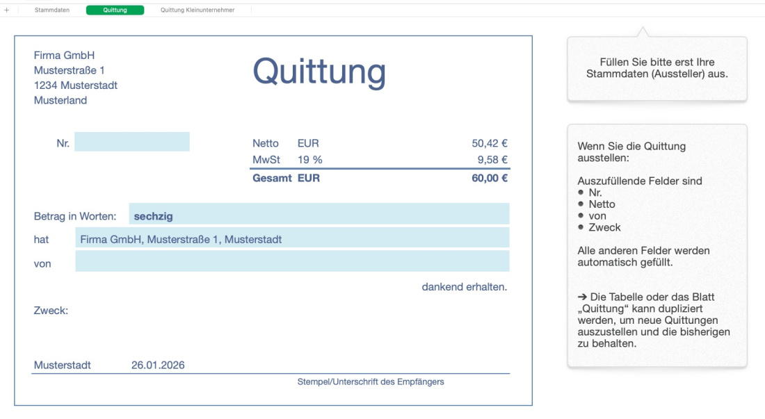 Numbers Vorlage Quittung mit Umsatzsteuer