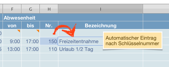 Vorlage Arbeitszeitnachweis automatischer Eintrag