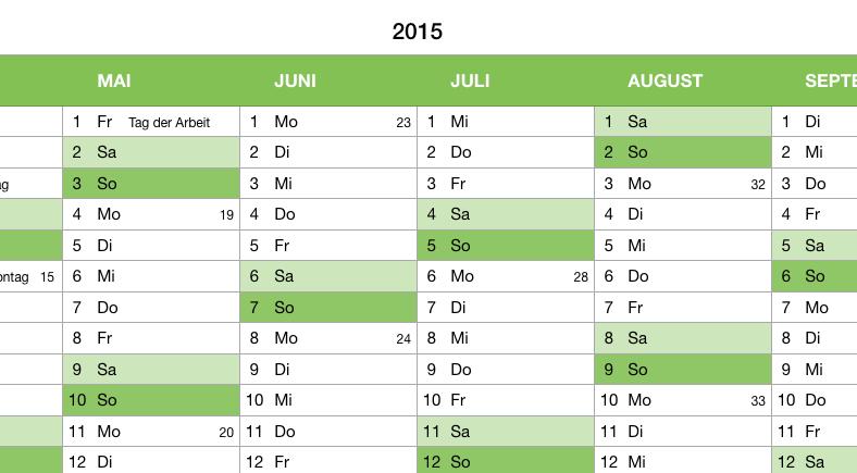 Numbers Vorage Kalender Jahresübersicht Detailansicht 2015