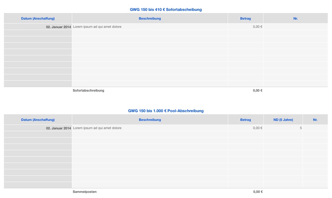 Vorlage Einnahmen-Überschuss-Rechnung 2014 ohne USt für Mac und iPad Abschreibungen GWG