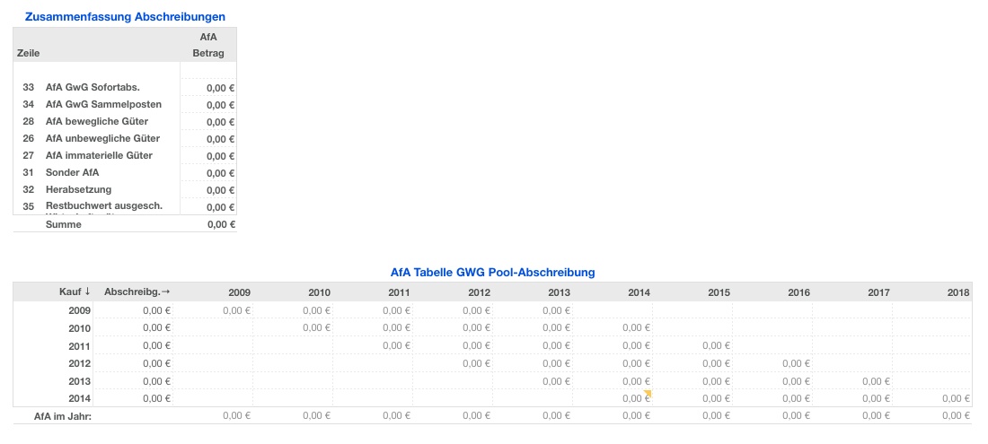 Vorlage Einnahmen-Überschuss-Rechnung 2014 ohne USt für Mac und iPad Abschreibungen Übersicht