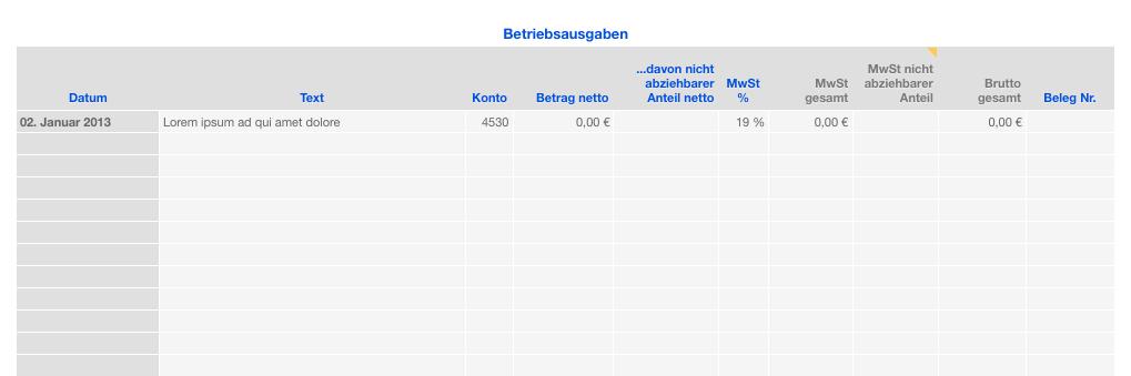 Vorlage Einnahmen-Überschuss-Rechnung 2013 für Mac und iPad Ausgaben Liste