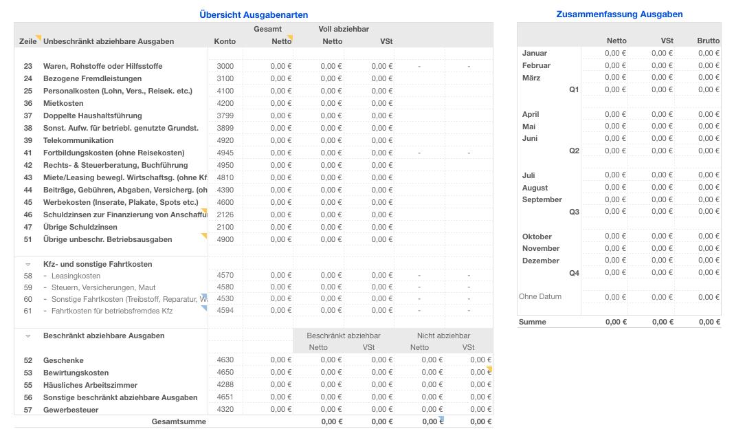 Vorlage Einnahmen-Überschuss-Rechnung 2013 für Mac und iPad Ausgaben