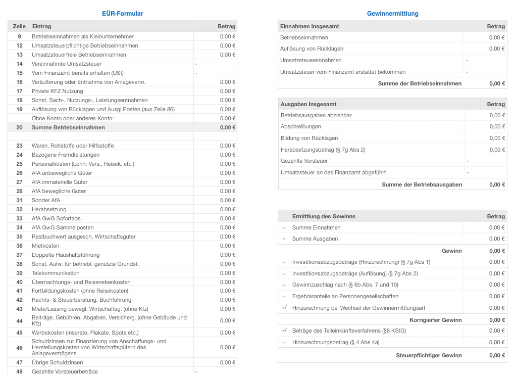 Vorlage Einnahmen-Überschuss-Rechnung 2013 für Mac und iPad ohne USt EÜR Formular Gewinnermittlung