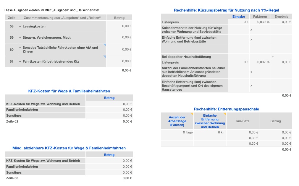 Vorlage Einnahmen-Überschuss-Rechnung 2014 ohne USt für Mac und iPad Kfz Kosten