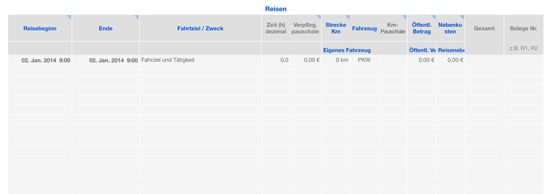 Vorlage Einnahmen-Überschuss-Rechnung 2014 ohne USt für Mac und iPad Reisen Liste