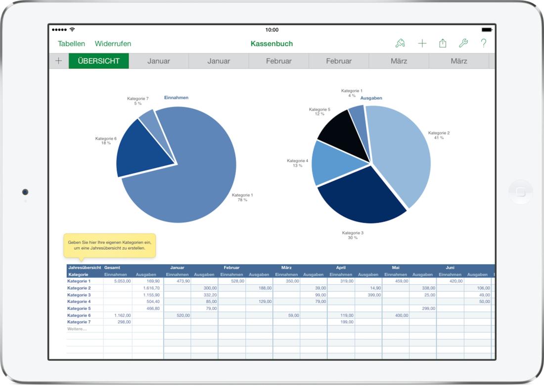 Numbers Vorlage Kassenbuch mit USt Diagramme auf iPad 2015