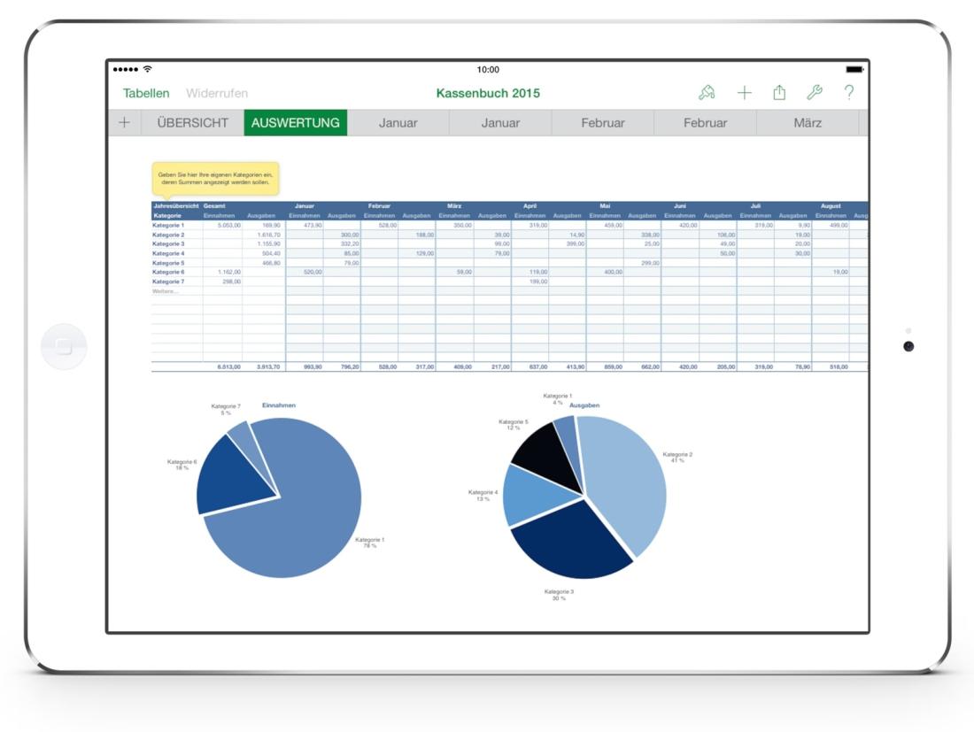 Numbers Vorlage Kassenbuch Diagramme auf iPad 2015