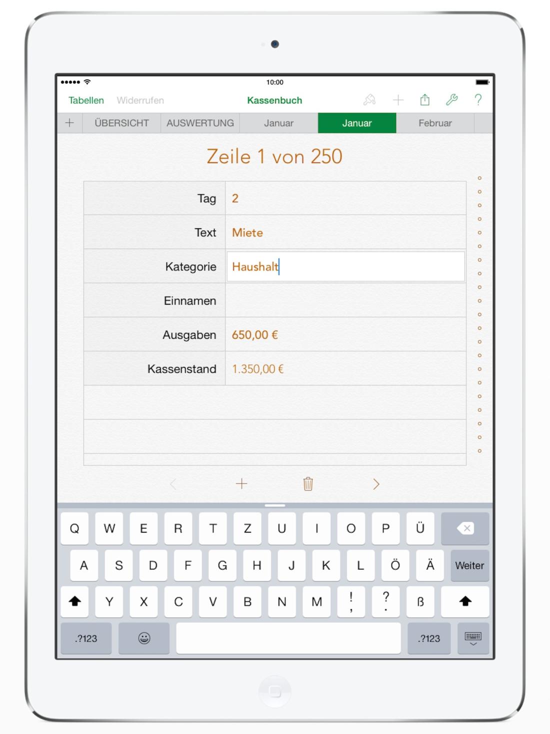 Numbers Vorlage Kassenbuch Formular auf iPad 2014